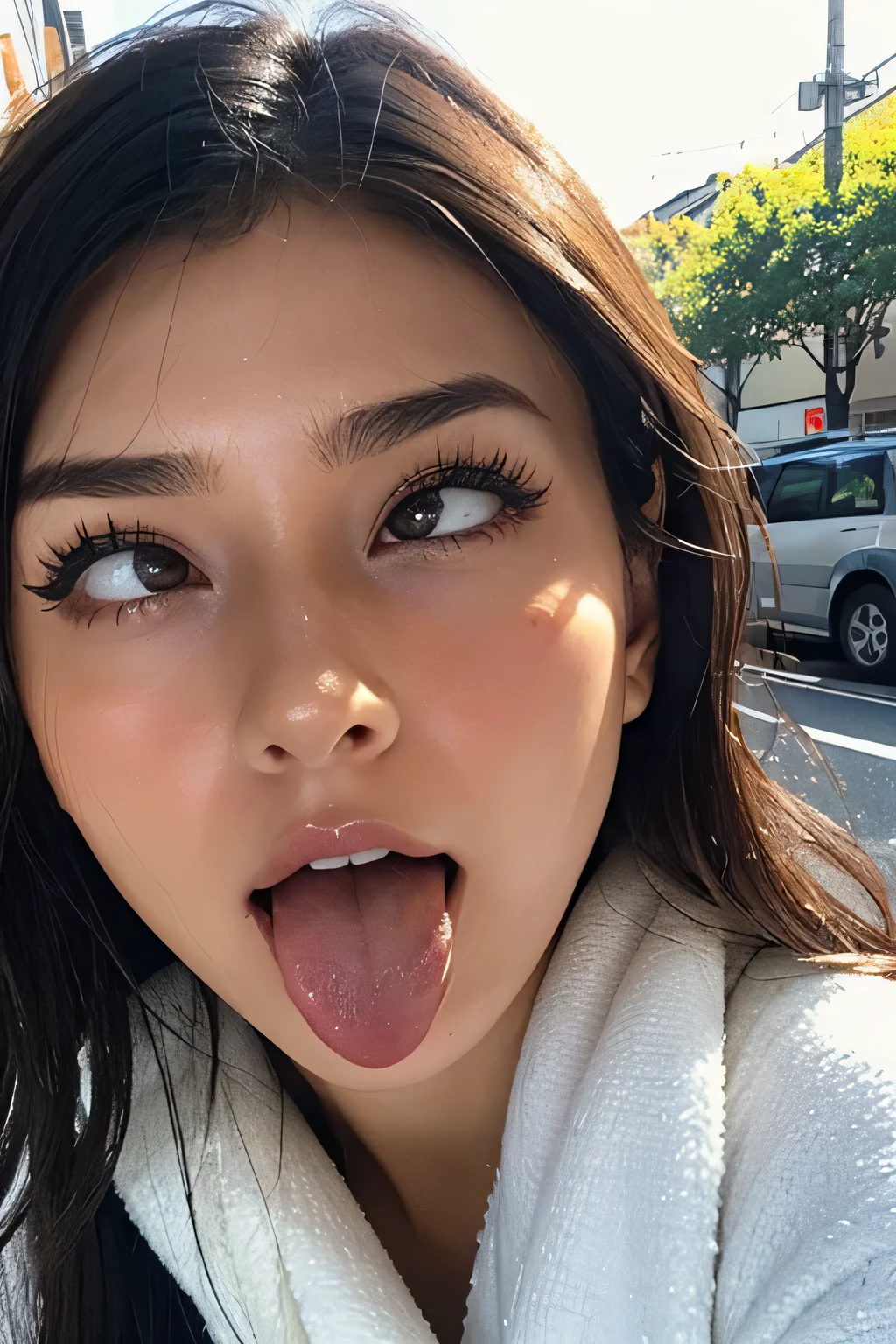 emily ratajkowski、1 girl,debris flies,,award winning photos, very detailed, focus the eyes clearly, nose and mouth,face focus, super close up of face、((woman with open mouth and closed eyes)),20-year-old,black hair、symmetrical face,realistic nostrils、angle from below、elongated C-shaped nostrils,,,sweaty and shiny skin、Lighting that highlights glowing skin with sweat、((sharp nose))汗でglowing skin、shiny skin、sweaty hair、sun&#39;Rays shine、(wrinkles between eyebrows))（cum on tongue)、deep kiss、((thin eyebrows))oily skin、glowing skin、double eyelid、wet and shiny tongue、Beautiful face woman with wet tongue full of foam、Beautiful woman、medium hair,roll your eyes、shortcut、Harajuku street、spring、Spring Coat
