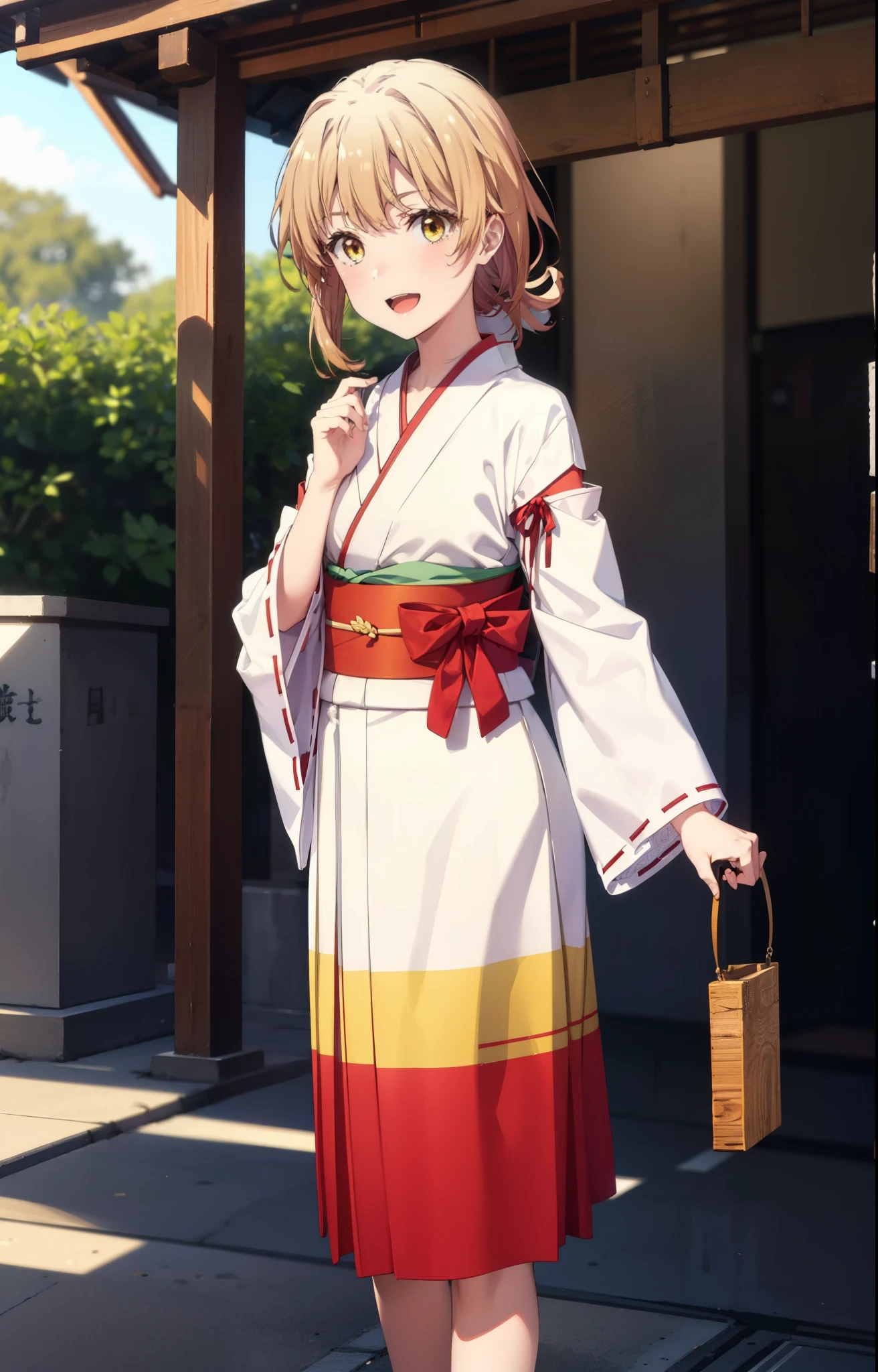 irohaisshiki, iroha isshiki, long hair, brown hair, (brown eyes:1.5), low ponytail,short braided hair,happy smile, smile, open your mouth,Platycodon,Miko, white kimono, red hakama,kimono, white foot bag,Zori sandals,same as skirt, wide sleeve, long sleeve, ribbon trim sleeves,  
looking at the viewer, Are standing, 
very long hair, dull bangs, low ponytail, 
break outdoors, shrine,torii,
break looking at viewer, (cowboy shot:1. 5)
break (masterpiece:1.2), highest quality, High resolution, unity 8k wallpaper, (shape:0.8), (fine and beautiful eyes:1.6), highly detailed face, perfect lighting, Very detailed CG, (perfect hands, perfect anatomy),