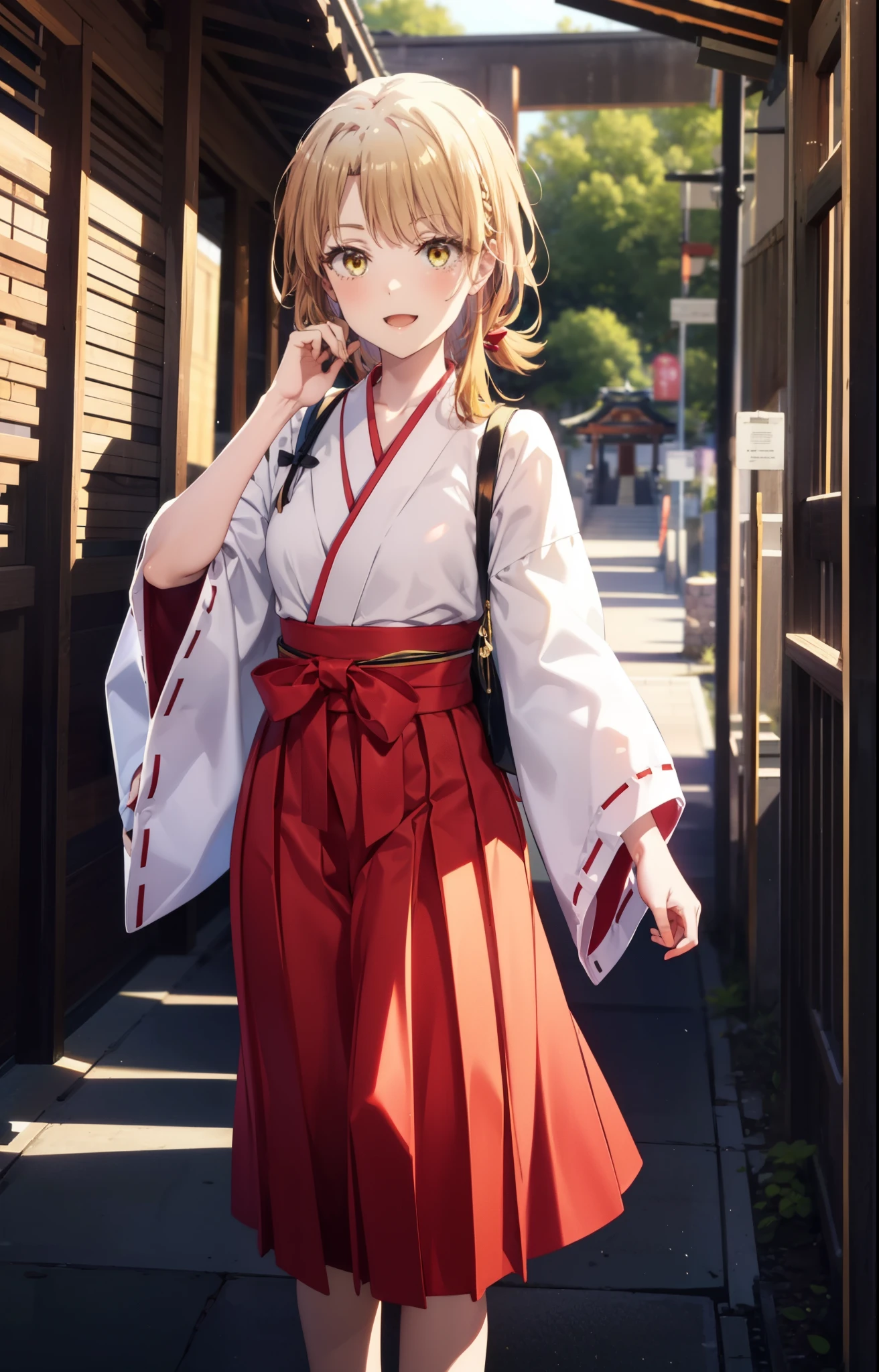 irohaisshiki, iroha isshiki, long hair, brown hair, (brown eyes:1.5), low ponytail,short braided hair,happy smile, smile, open your mouth,Platycodon,Miko, white kimono, red hakama,kimono, white foot bag,Zori sandals,same as skirt, wide sleeve, long sleeve, ribbon trim sleeves,  
looking at the viewer, Are standing, 
very long hair, dull bangs, low ponytail, 
break outdoors, shrine,torii,
break looking at viewer, (cowboy shot:1. 5)
break (masterpiece:1.2), highest quality, High resolution, unity 8k wallpaper, (shape:0.8), (fine and beautiful eyes:1.6), highly detailed face, perfect lighting, Very detailed CG, (perfect hands, perfect anatomy),