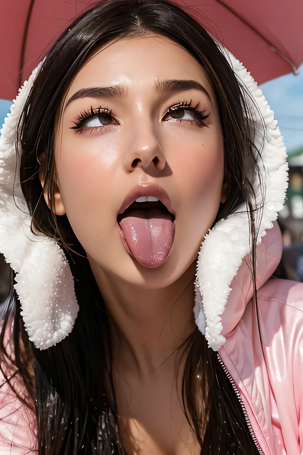 emily ratajkowski、1 girl,debris flies,,award winning photos, very detailed, focus the eyes clearly, nose and mouth,face focus, super close up of face、((woman with open mouth and closed eyes)),20-year-old,black hair、symmetrical face,realistic nostrils、angle from below、elongated C-shaped nostrils,,,sweaty and shiny skin、Lighting that highlights glowing skin with sweat、((sharp nose))汗でglowing skin、shiny skin、sweaty hair、sun'Rays shine、(wrinkles between eyebrows))（cum on tongue)、deep kiss、((thin eyebrows))oily skin、glowing skin、double eyelid、wet and shiny tongue、Beautiful face woman with wet tongue full of foam、Beautiful woman、medium hair,roll your eyes、shortcut、Harajuku street、spring、Spring Coat