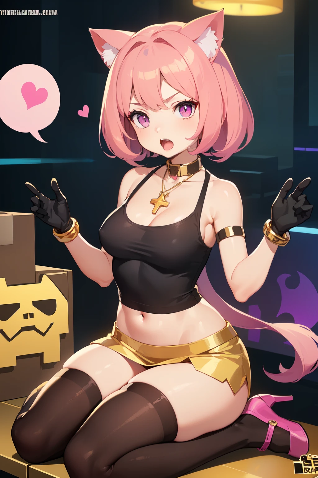 ((girl 18 years old mouth like a cat, pink hair beautiful makeup, big red hoop in the shape of cat ears)), ((she is wearing a black tank top, short gold skirt, black leg warmers and pink heels, long purple gloves, she has a pendant with a heart hanging around her neck and has golden fur on her shoulders, large gold bracelets on hands)), ((very tall ideal figure with medium breasts and hips)), ((In detail, everything down to the smallest detail)), (((Girl and graphics like in the game Brawl Stars)))