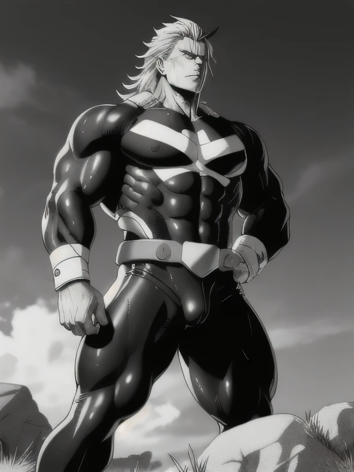 nsfw, best quality, high resolution, manga, monochrome, handwritten style, allmight, black bodysuit, hunk, wet clothes, from below, arms folded,