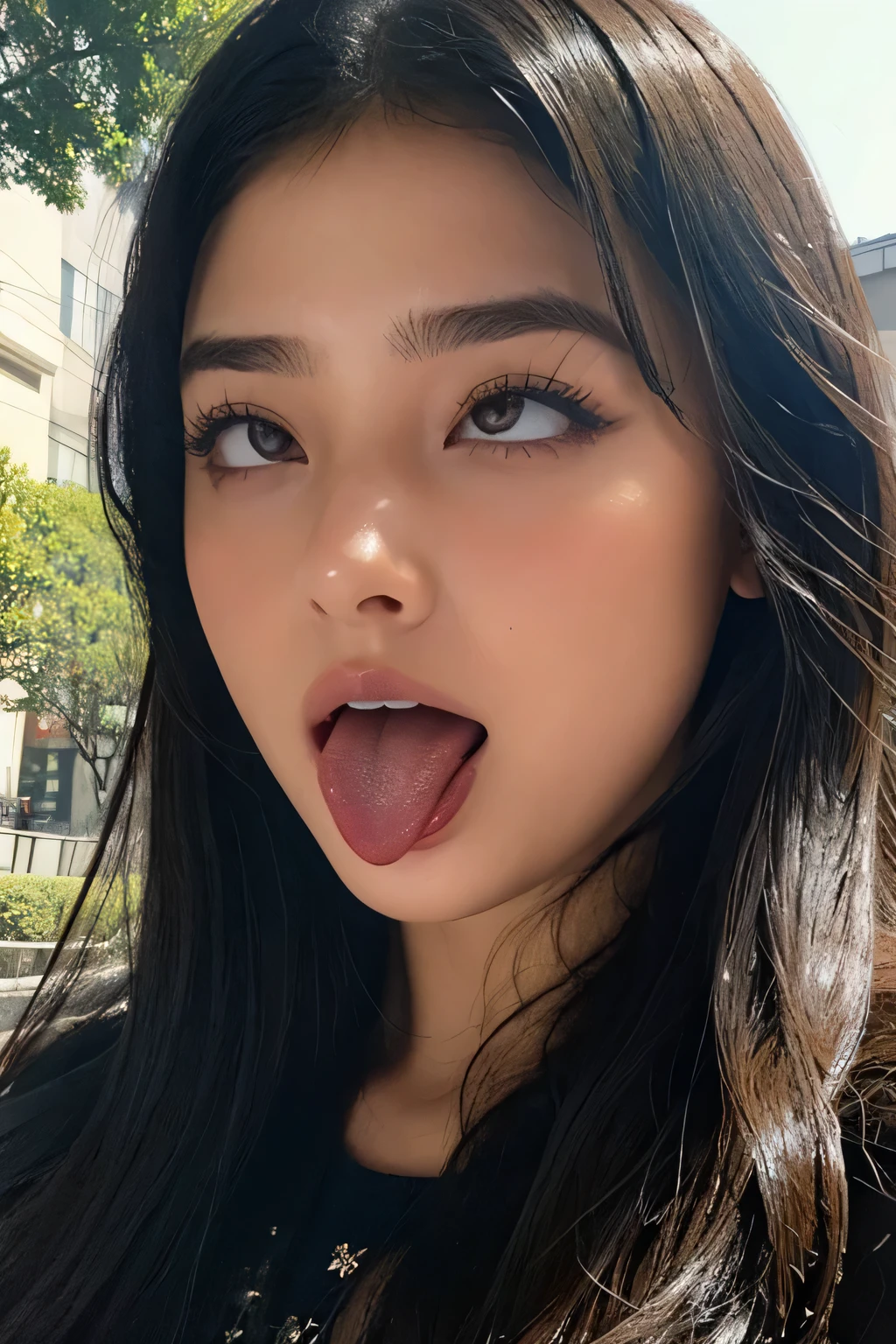 emily ratajkowski、1 girl,debris flies,,award winning photos, very detailed, focus the eyes clearly, nose and mouth,face focus, super close up of face、((woman with open mouth and closed eyes)),20-year-old,black hair、symmetrical face,realistic nostrils、angle from below、elongated C-shaped nostrils,,,sweaty and shiny skin、Lighting that highlights glowing skin with sweat、((sharp nose))汗でglowing skin、shiny skin、sweaty hair、sun'Rays shine、(wrinkles between eyebrows))(??? on tongue)、deep kiss、((thin eyebrows))oily skin、glowing skin、double eyelid、wet and shiny tongue、Beautiful face woman with wet tongue full of foam、Beautiful woman、medium hair,roll your eyes、shortcut、Harajuku street、spring、Spring Coat
