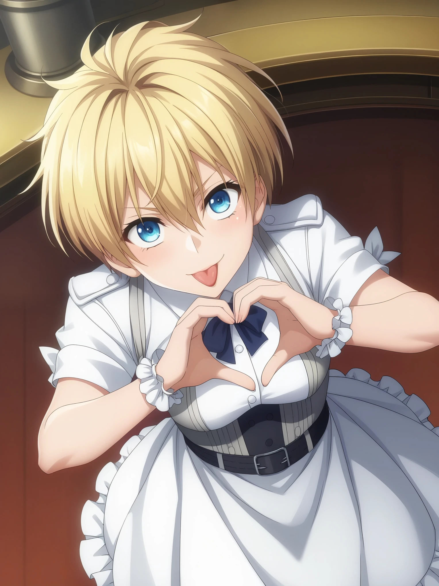 score_4, score_5, score_6, score_9, score_8_up, score_7_up, source_anime, fine anime screencap_xl, anime_screencap,   blonde hair, :p, frilled dress, frilled gloves, hair between eyes, short hair, +.+, tongue out, castle, indoors, cowboy shot, heart hands, fisheye view, seras victoria, hellsing