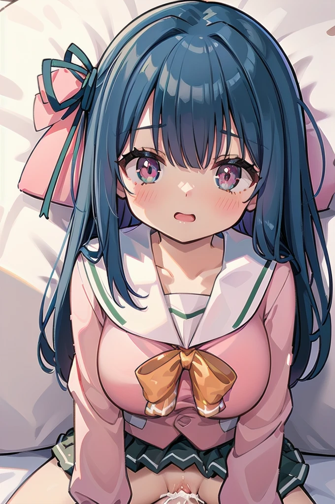 (((full body))), (((blue hair))), (((pnkserafuku))), (((l,sex)))((spread le,(((cum in pussy))),(((f above)((lying on bed))),(((white bed sheet))),(((lie on the pillow))), (highest quality:1.2), alone, 1 girl, kotonoha aoi, hair ribbon, reyes, very long hair, dull bangs, smile, looking at the viewer, (((perfect anatomy))),(masterpiece:1.0),(Highest_quality:1.0),detailed,highly detailed,ultra detailed,extremely detailed CG,super high resolution,4k,super detailed, photograph,high resolution,8K,HDR,Highly detailed CG Unity 8k wallpaper,super detailed skin,detailed beautiful eyes,detailed beautiful face,detailed beautiful face and eyes,very detailed background,perfect,lighting,colorful, bright_front_face_lighting,shiny skin,(highly detailed background),looking at the viewer,(Focus on her face), solo, upper body, looking at viewer, upper angle, perfect quality, good quality, masterpiece, HDR, UHD missionary position,masterpieceled,highly detailed,ultra detailed,extremely detailed CG,high resolution,8K,super detailed skin, ((detailed beautiful eyes)),detailed beautiful face,detailed beautiful face and eyes,very detailed background,highly detailed background,(front view),(((super big breasts))),looking at viewer,The girl&#39;s br#39;t exposed at all., You can clearly see that  very large breasts.,((kawaii)),((orgasm face)),