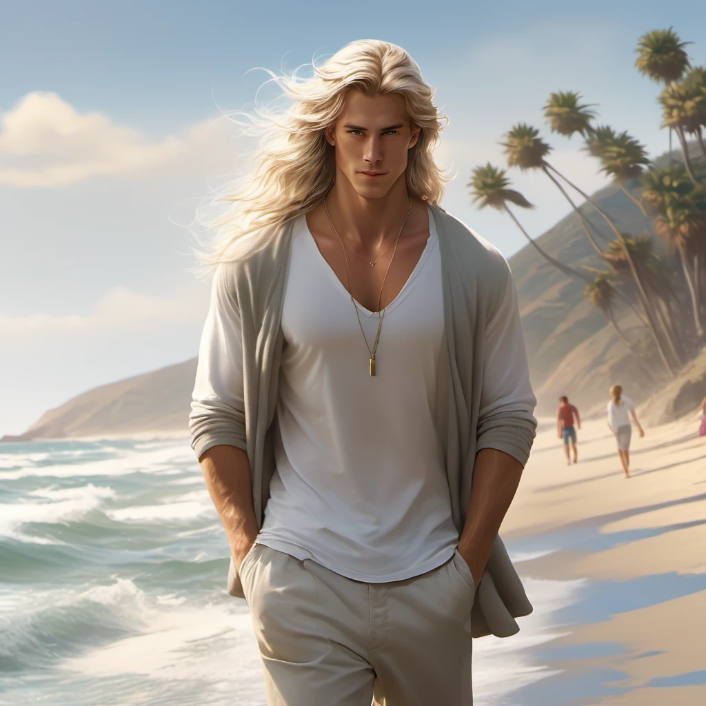 A tall, handsome, stately, masculine majestic young men, he has long straight silver-platinum hair, gray-blue eyes, athletic build, he is dressed in light jeans and a white T-shirt. He walks barefoot along an empty ocean beach, next to him holding his hand, there is an incredibly beautiful fragile delicate young woman of short stature, golden-haired blonde with long golden hair, blue eyes, she is dressed in a light white short summer silk sundress, she walks barefoot, in her hands she has white sandals. They are in love with each other. Masterpiece, perfect drawing, realistic drawing, full-length drawing, detailed study, 8k. full-length image, realistic image, dynamic image, detailed image. an extremely detailed illustration, a real masterpiece of the highest quality, with careful drawing. anime style.