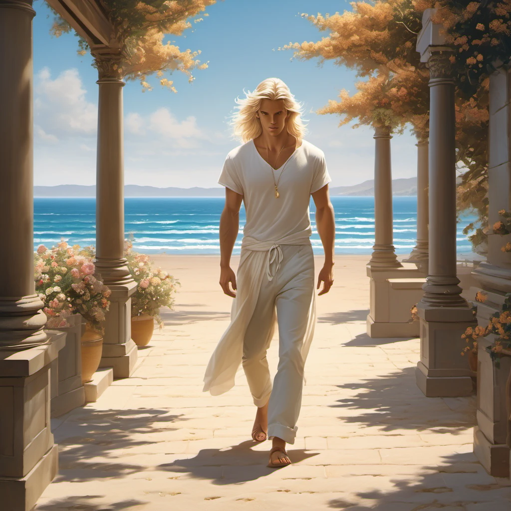 A tall, handsome, stately, masculine majestic young men, he has long straight silver-platinum hair, gray-blue eyes, athletic build, he is dressed in light jeans and a white T-shirt. He walks barefoot along an empty ocean beach, next to him holding his hand, there is an incredibly beautiful fragile delicate young woman of short stature, golden-haired blonde with long golden hair, blue eyes, she is dressed in a light white short summer silk sundress, she walks barefoot, in her hands she has white sandals. They are in love with each other. Masterpiece, perfect drawing, realistic drawing, full-length drawing, detailed study, 8k. full-length image, realistic image, dynamic image, detailed image. an extremely detailed illustration, a real masterpiece of the highest quality, with careful drawing. anime style.