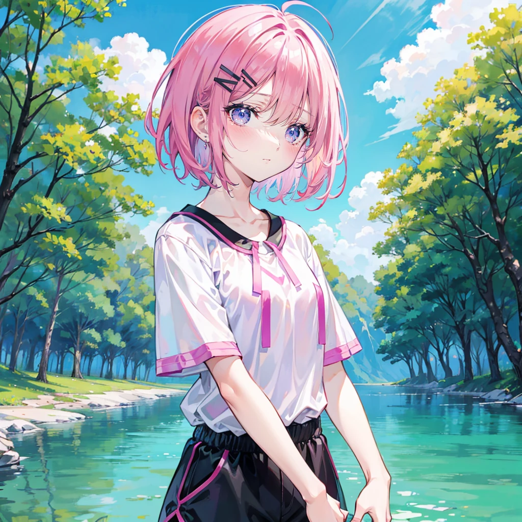 pink hair，purple eyes，short hair，sister head，earring ，Two black hairpins，Sailor suit，shorts，whole body照，whole body，Fingers and arms are not exposed，background forest，lake，Blue sky and white clouds，Happy expression