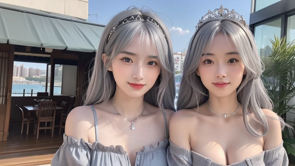  (beautiful japanese girl), beautiful and fine eyes, perfection , perfection, roll your eyes, detailed face, fine eyes, excellent quality, masterpiece, very detailed, Advanced level of detail, many details, high quality, cinematic light, real hands, (Super realistic:1.3), high school student , 幸せそうなsmile、smile, Myolin Remblanc, Ahoge, (gray hair:1.25), hair between eyes, (Silver Ship:1.25), Removing the collar, halter neck, cross halter, blue clothes, No bra, tiara, off shoulder dress, Mediterranean, Hotel with sea view, Open Terrace,
