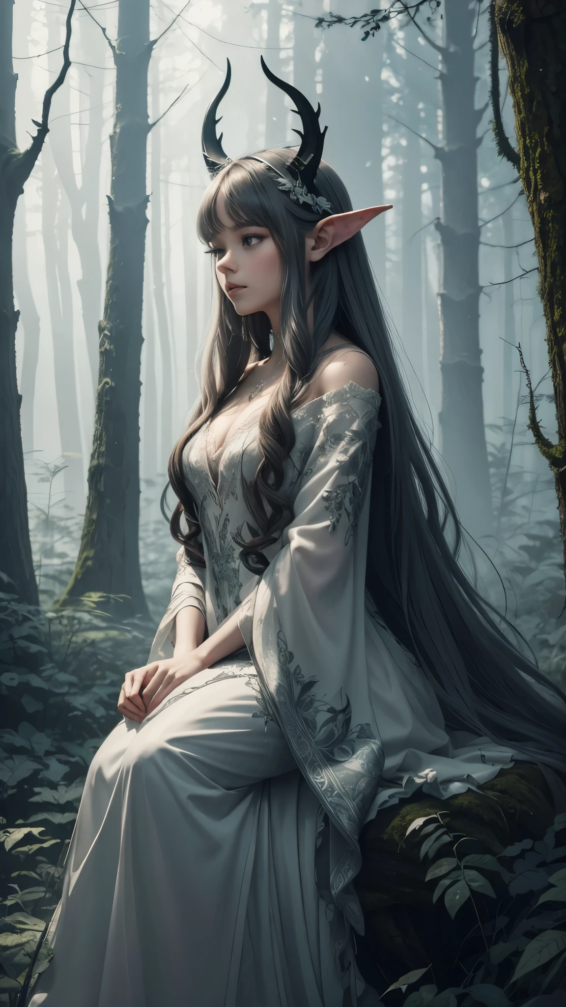 stylized, full body image, tiny princess of the forest with faerie wings and small curved horns sitting in a forest clearing, torn cloak, leaf dress (masterpiece), (best quality), (ultra detailed), (absurdres), (highres), (official art:1.4), (illustration:1.4), (distinct image:1.2),(delicate illustration: 1.2), 8k,(detailed face:1.3), (highlights in eyes:1.3), (detailed hair:1.3), (detailed skin:1.3), dark, mystical scandinavian forest (misty 1.9), looming trees, dark, moody, stylized, white background with one color ink stains, art by Alternity77, drawing stroke made with Rottring 0.5mm pen, perfect drawing lines. 8k Wallpaper, highly detailed, muted colors, subtle colors, myhtic,