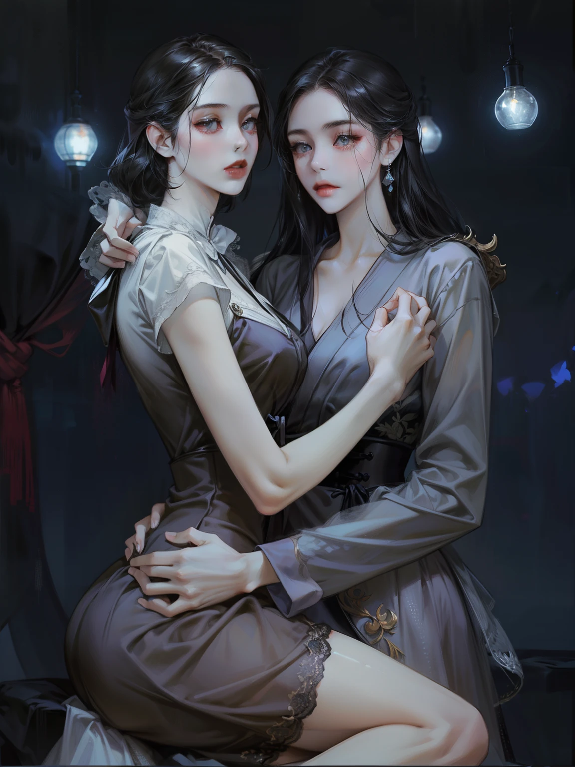 two women in dresses hugging each other in a black and white photo, Inspiration from Wang Khu, Gouache style art, Lesbian Art, Inspired by Sim Sa Jung, Inspiration from Kim Deuksin, Inspired by Russell Dongjun Lu, two women, Digital art of elegance, Niksu and Sakimichan