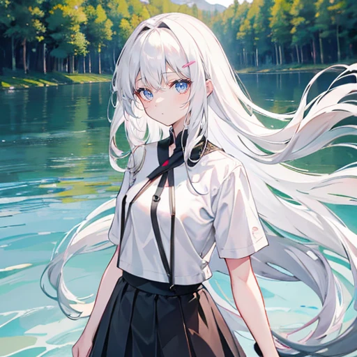 white hair，long hair，Bangs，Bangs整齐，gray eyes，black headband，girl，short sleeves，skirt，whole body照，whole body，Fingers and arms are not exposed，background forest，lake，