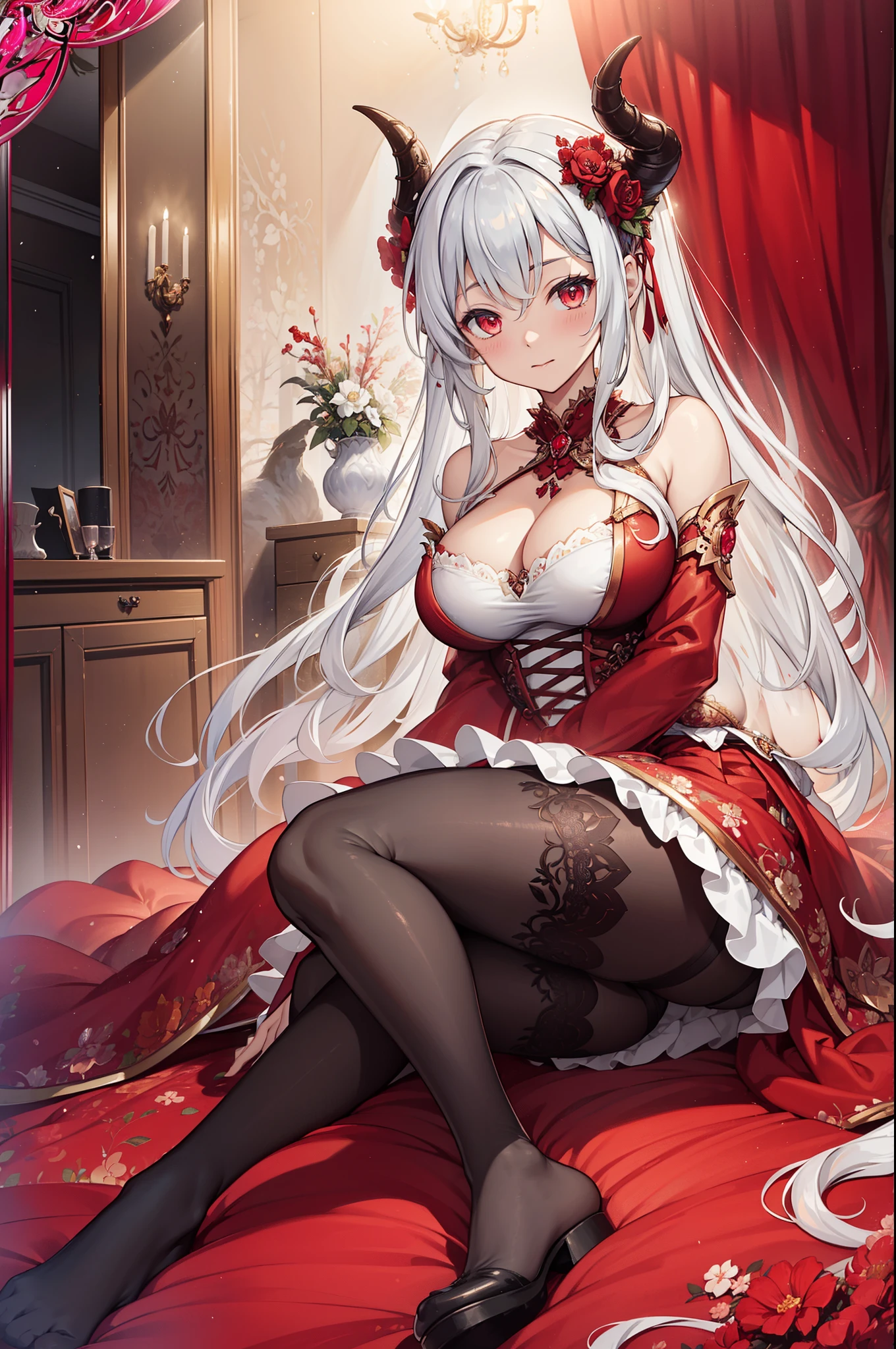 (Extremely detailed CG Unity),Detailed clothes, masterpiece, extremely delicate and beautiful, full body photo, 1 girl, sitting position,  Obsessed，Curvy curly hair, Beautiful and delicate eyes，red eyes, lace up pantyhose，Floral fragrance，succubus horn