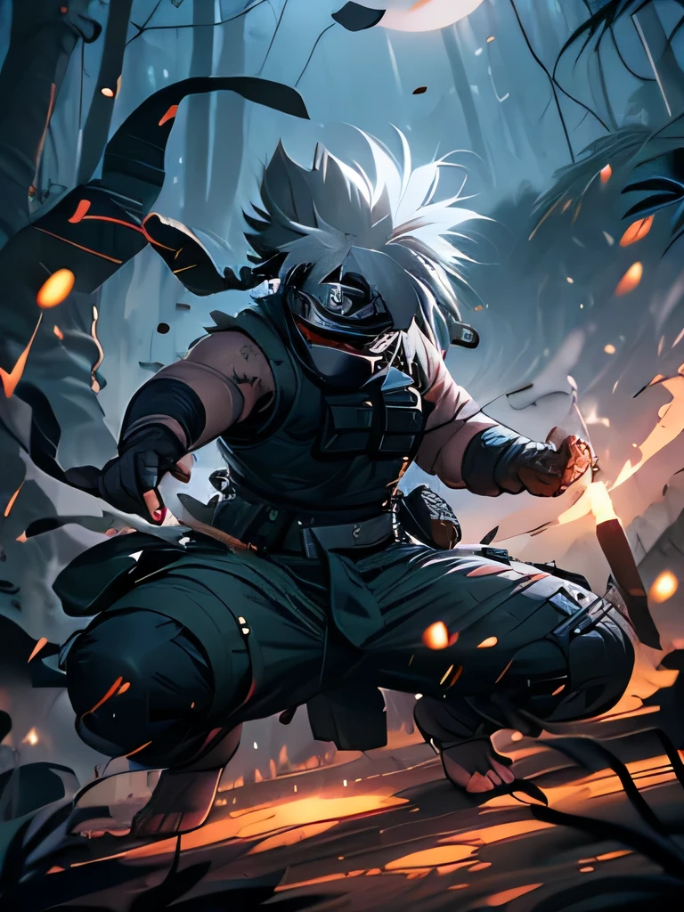 Kakashi Hatake, mask, hairy muscular, strong feet, underwear, bulge, Jungle scenery, tattoo on the body.