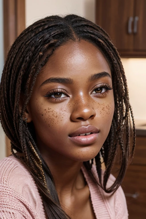 beautiful melanin girl with perfect lips and big brown eyes and light freckles she has perfect hair and pink knit ,hyper-detailed,photo realistic high res, UHD,hyperdetailed