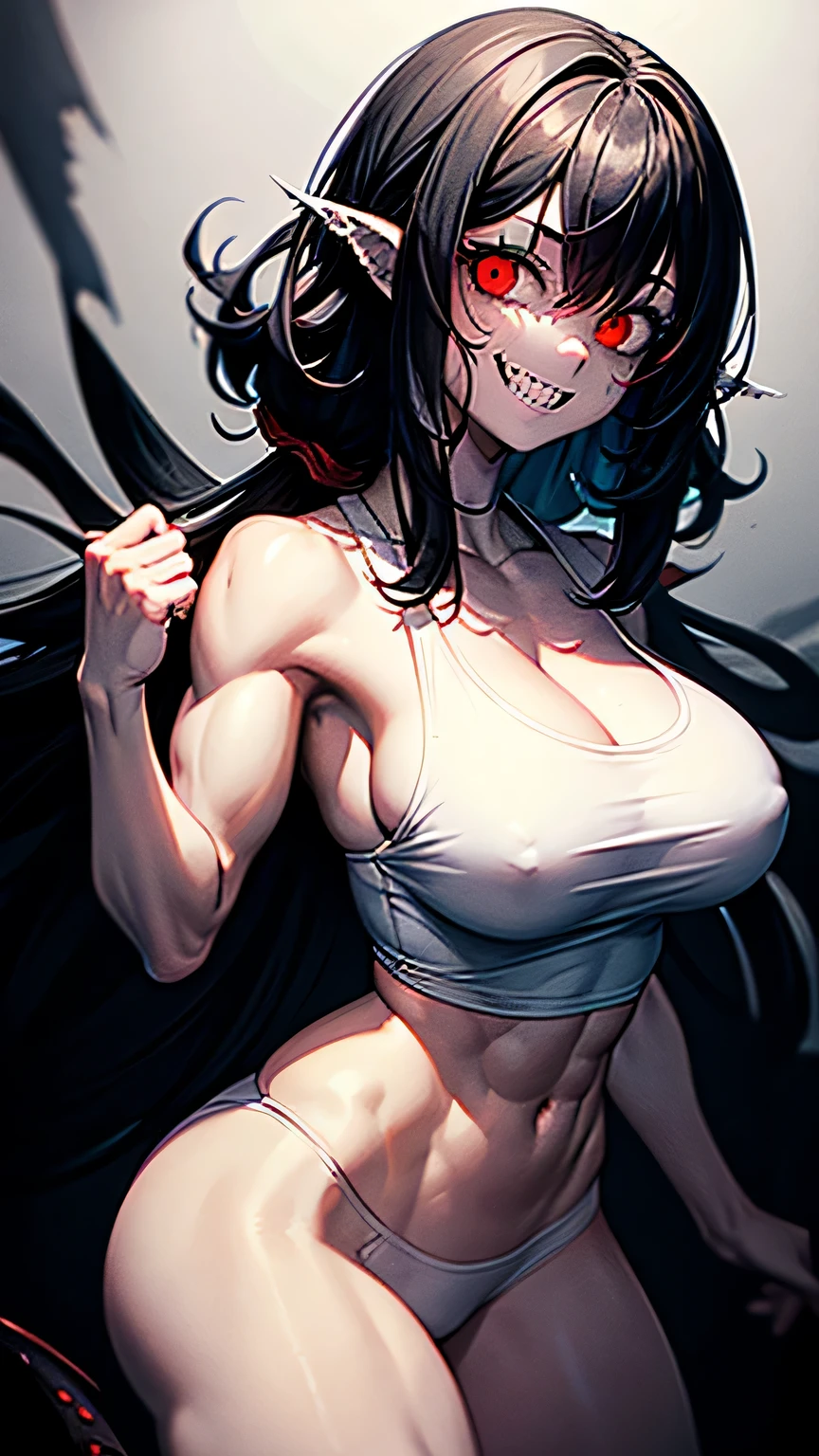 Solo. Creepy, terrifying muscularly lean girl with short messy curly black hair, big breasts, defined muscular thighs, a sharp jawline, crazy red eyes, metal wires joining his seperated upper jaw and lower jaw, Jeff the killer's mouth, muscular forearms, sharp shark-like teeth for teeth, pale white skin, red eyes on her body, wearing only a big white T-shirt, eating a lung, in a black background. Cannibalistic. Floating red eyeballs. Horror. Her name is Cannaria, . Blood, smiling