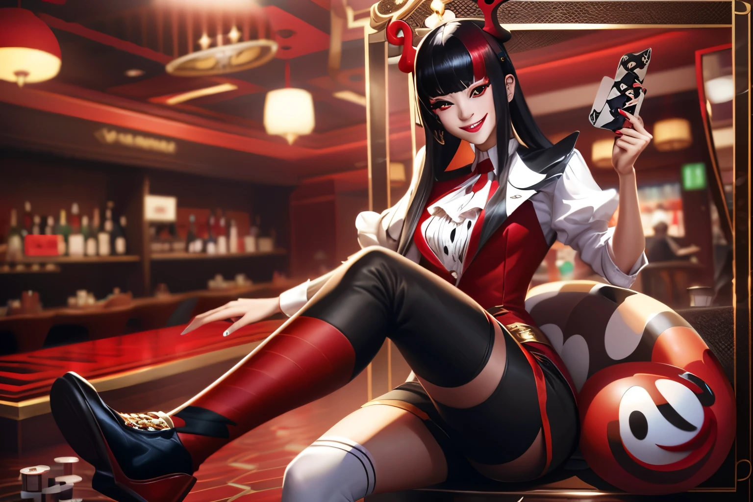 clown,white shirt,(red black magic:1.2), League of Legends สแปลชอาร์ต, woman,Bangs,black pants,Red eyes,Long black hair with bangs,(madness:1.2),card,mask,Bar Background,Omie,smile,front view,magician,dice,Spades,Poteng,club,cross python,joker,joy,Sitting cross-legged,Sip coffee,luxurious