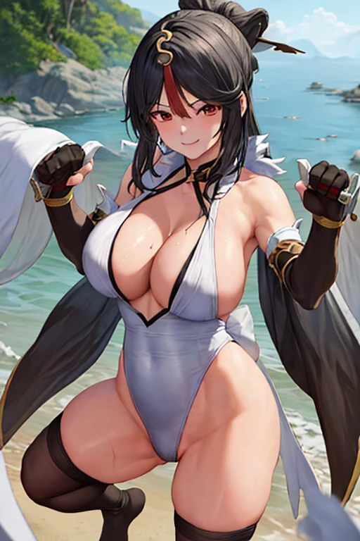 masterpiece, best quality, beautiful art, high resolution, well formed hands, body and fingers, 1 woman, solo, Ningguang, adult, grown up ,big breasted, cleavage, full body, black stockings, sleeveless, leotard peeking, pelvic curtain, sexy Japanese clothes, maid, hair ornament, gorgeous legs and thighs, she is fighting in a combat match at a martial arts tournament, she is getting ready to fight, making her guard pose, action and fighting scene, about to hit the viewer, looking at the viewer, sweating , feeling confident and proud, smiling joyfully and happily, charming her opponent with her beauty, bouncing breasts, fighting scene, martial arts tournament on the beach