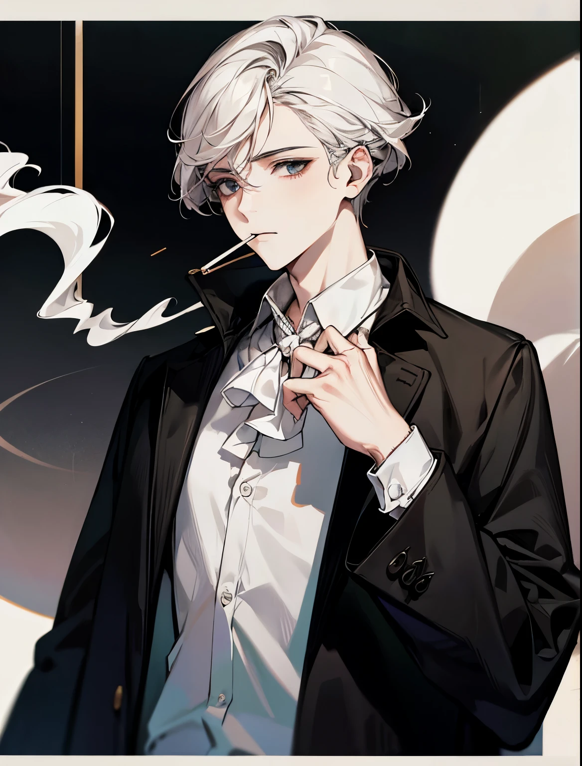 e menino,smoking with a black jacket and white blouse. E com fone ouvindo musica