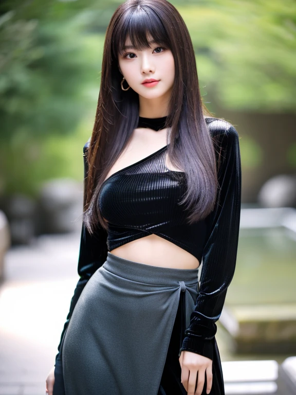 best quality，masterpiece，High resolution，HD，super clear face，a beauty，Japan female idol，27 years old，sexy makeup，light long hair，Qi bangs，Black long sleeve tight belly top，High slit tight long skirt，black high heels，full-body shot