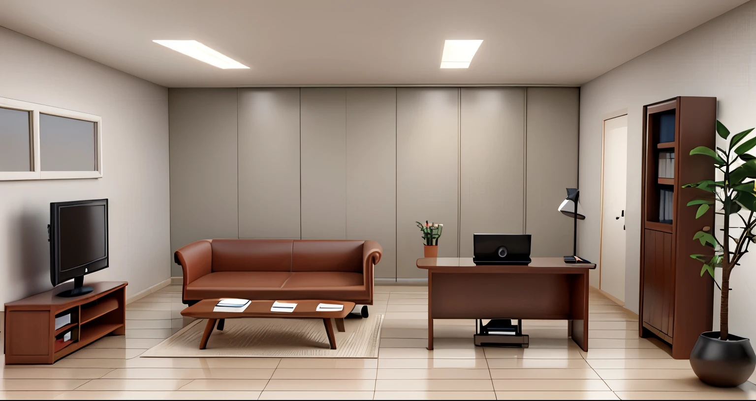 Soft light from a single window、Warm and dark Western-style room、Light beige, brown and white、soft light、Wooden tile floor、Laptop on a wooden desk、bookshelf、tv set、Doctor's Office、Medical office、3D illustration style、Hospital medical department、Cartoon illustration style