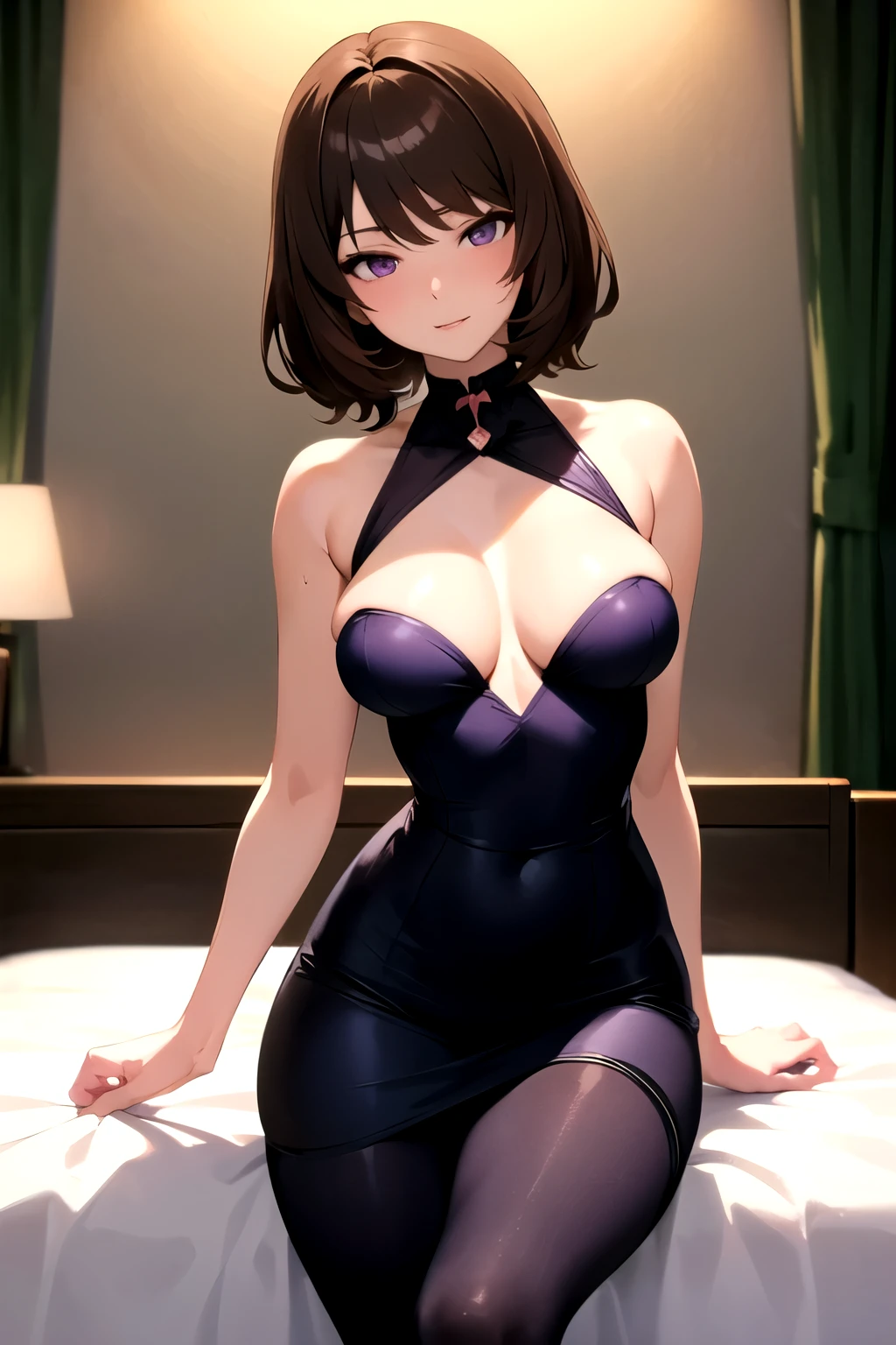 ((Best quality)), ((masterpiece)), (detailed), (anime), perfect face, medium breasts, curvy waist, tall, sexi, lenceria negra, sexi, in the bed. brown hair, purple eyes, delgada, pelo corto, milf