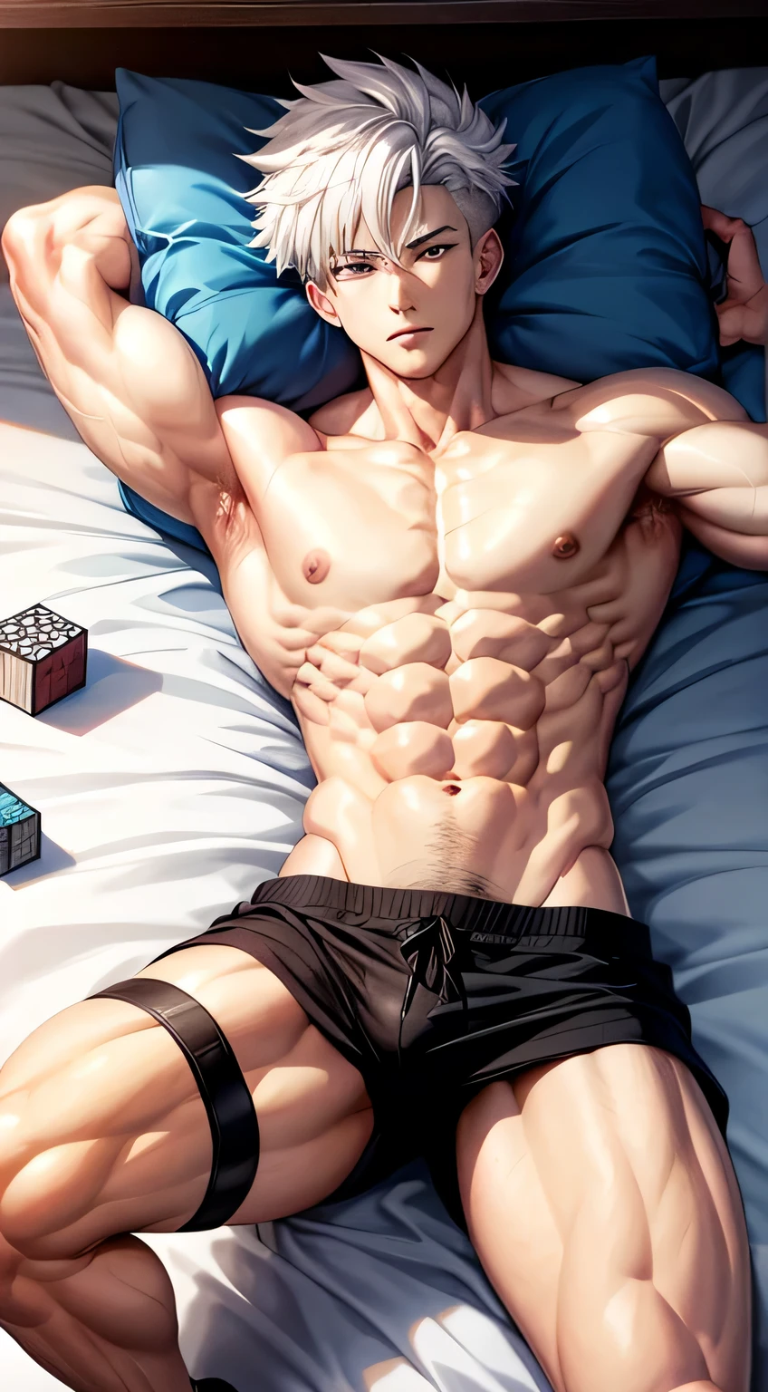 Anime shirtless guy, muscular, with white hair in Bts style, 6 abs cubes, Lying in bed