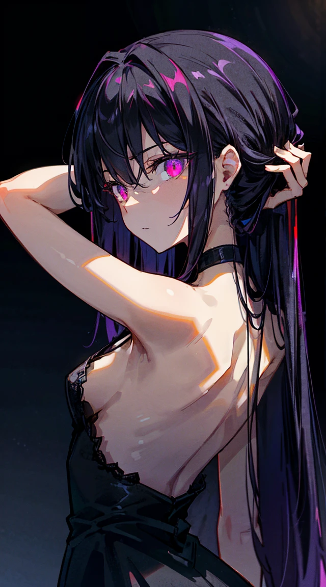 masterpiece, Best Quality, 85 mm, Beautiful Girl, (Night, back lighting, darkness, Upper body, Dark background:1.4), (black classical dress, Black hair:1.6), Rim lighting, A hyper-realistic, high resolution, Photography, Film grain, chromatic aberration, depth of field, Sharp Focus, nsfw, face lights, Dynamic lighting, Cinematic lighting, Professional Shadow, dark shadow, (glowing reddish purple eyes,:1.4), highest details, highly detailed, ultra-detailed, finely detailed, Real Skin, Delicate facial features, Detailed face and eyes, Sharp pupils, Realistic pupils, blood dripping from face, Light blue inside the hair, streaks of other colors inside hair, cute girl, medium small breasts (slightly big), beautiful skin, multi-color eye, breast curtains, extremely delicate and beautiful, adorable,