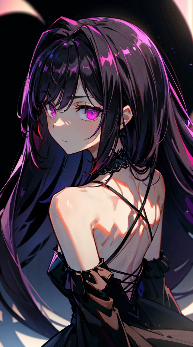 masterpiece, Best Quality, 85 mm, Beautiful Girl, (Night, back lighting, darkness, Upper body, Dark background:1.4), (black classical dress, Black hair:1.6), Rim lighting, A hyper-realistic, high resolution, Photography, Film grain, chromatic aberration, depth of field, Sharp Focus, nsfw, face lights, Dynamic lighting, Cinematic lighting, Professional Shadow, dark shadow, (glowing reddish purple eyes,:1.4), highest details, highly detailed, ultra-detailed, finely detailed, Real Skin, Delicate facial features, Detailed face and eyes, Sharp pupils, Realistic pupils, blood dripping from face, Light blue inside the hair, streaks of other colors inside hair, cute girl, medium small breasts (slightly big), beautiful skin, multi-color eye, breast curtains, extremely delicate and beautiful, adorable,