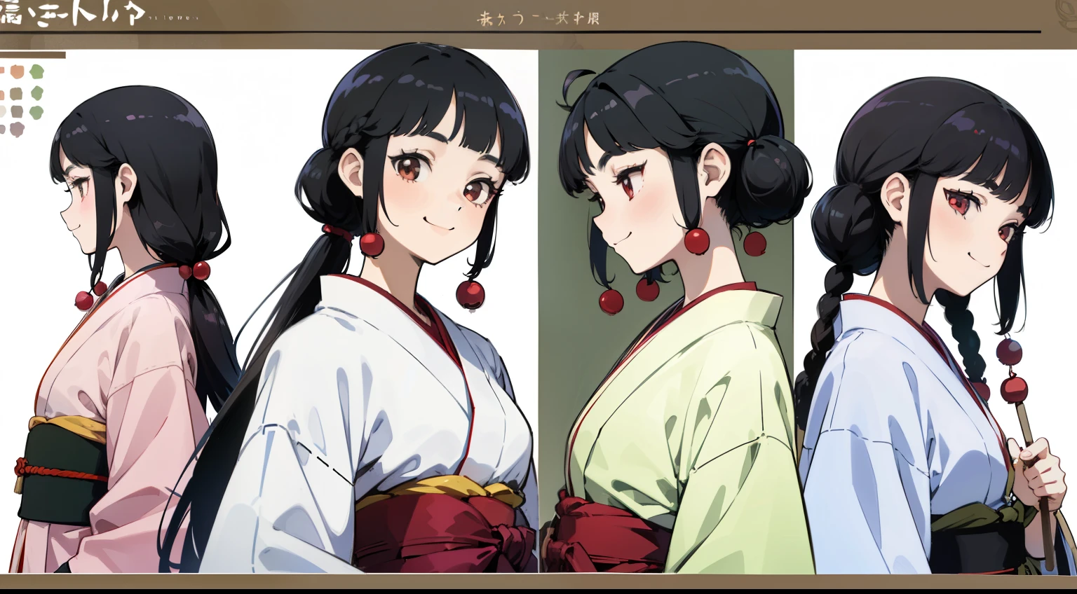 16 years old, Black Hair Girl, Hair length to the armpits (((Happy smiling face expression))) ,japanese kimono, ((Odango hairstyle)) (((detailed character sheet, Front view, Side view, 3/4 view)))