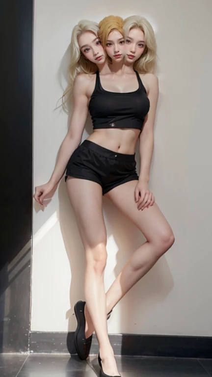 best resolution, 3 heads, Australian girl Instagram model three heads, 19 years old, youthful, standing on a ledge with her legs crossed, full body cute young lady, wearing a black cropped tank top, she is wearing a black tank top, wearing a cropped black tank top, pretty face with arms and legs, 19-year-old female model, tight black tank top and shorts, blonde, white halter top, profile shot, blonde hair, red hair, black hair, different hair colors, full-body view, full body shot