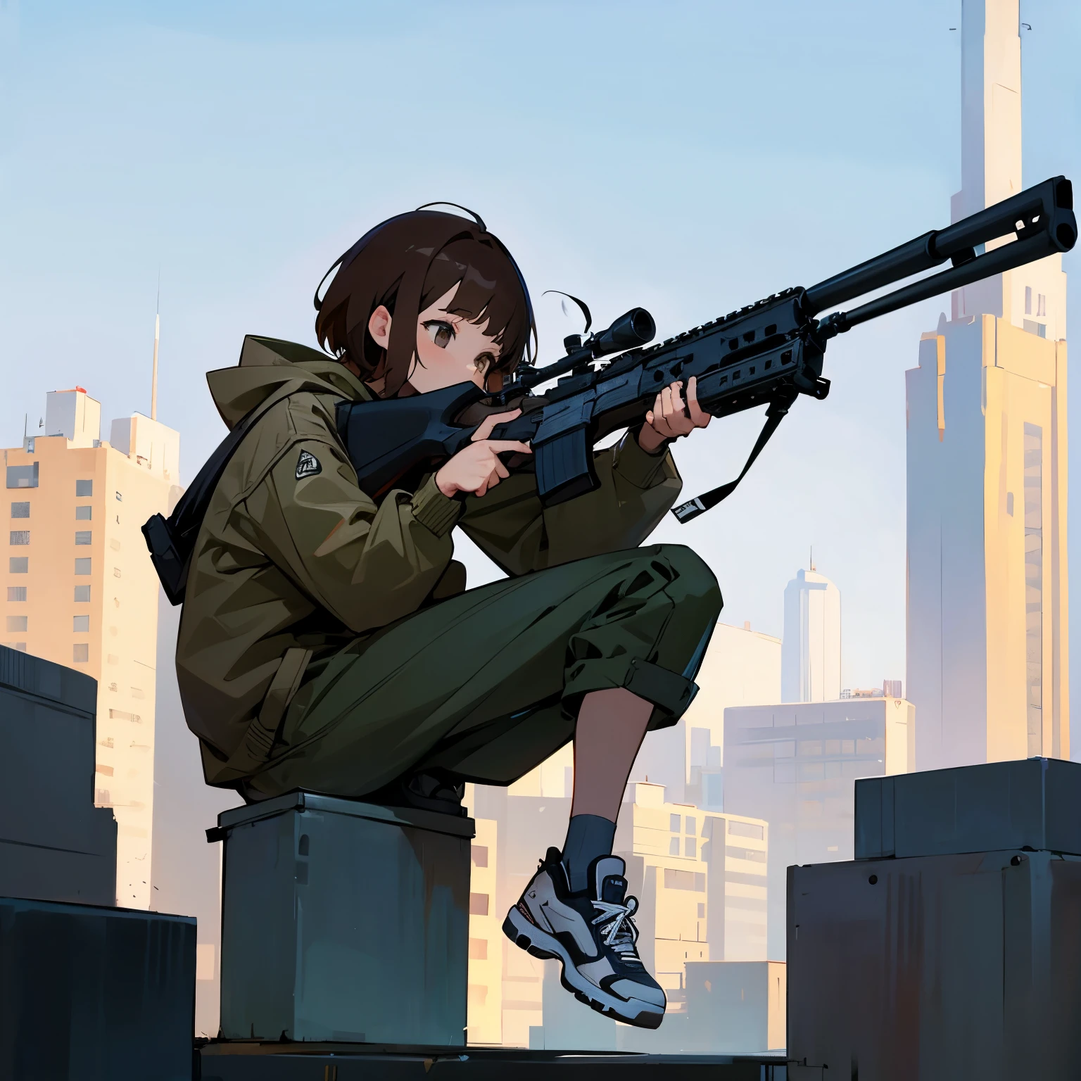 girl、brown hair、short hair、hoodie、sneakers、Hold a rifle、building、sniper