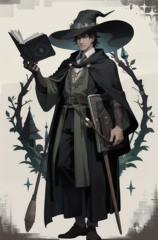 masterpiece, best quality, 1 male, adult, tall muscular, handsome, finely detailed eyes, intricate details, wizard, black hat with a pointed brim, broomstick with a carved handle, spellbook with a variety of spells, potion bottles with various ingredients, enchanted forest with a hidden wizard hut, foot pov, add slavic cultur atributes