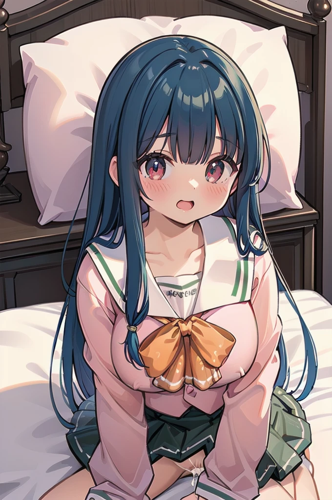 (((full body))), (((blue hair))), (((pnkserafuku))), (((vaginal,sex))), (((spread legs onbed))),(((cum in pussy))),(((from above))), (((lying on bed))),(((white bed sheet))),(((lie on the pillow))), (highest quality:1.2), alone, 1 girl, kotonoha aoi, hair ribbon, red eyes, very long hair, dull bangs, smile, looking at the viewer, (((perfect anatomy))),(masterpiece:1.0),(Highest_quality:1.0),detailed,highly detailed,ultra detailed,extremely detailed CG,super high resolution,4k,super detailed, photograph,high resolution,8K,HDR,Highly detailed CG Unity 8k wallpaper,super detailed skin,detailed beautiful eyes,detailed beautiful face,detailed beautiful face and eyes,very detailed background,perfect,lighting,colorful, bright_front_face_lighting,shiny skin,(highly detailed background),looking at the viewer,(Focus on her face), solo, upper body, looking at viewer, upper angle, perfect quality, good quality, masterpiece, HDR, UHD missionary position,masterpiece,best quality,detailed,highly detailed,ultra detailed,extremely detailed CG,high resolution,8K,super detailed skin, ((detailed beautiful eyes)),detailed beautiful face,detailed beautiful face and eyes,very detailed background,highly detailed background,(front view),(((super big breasts))),looking at viewer,The girl's breasts aren't exposed at all., You can clearly see that she has very large breasts.,((kawaii)),((orgasm face)),