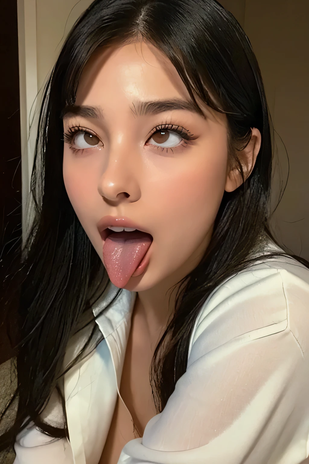 emily ratajkowski、1 girl,debris flies,,award winning photos, very detailed, focus the eyes clearly, nose and mouth,face focus, super close up of face、((woman with open mouth and closed eyes)),20-year-old,black hair、symmetrical face,realistic nostrils、angle from below、elongated C-shaped nostrils,,,sweaty and shiny skin、Lighting that highlights glowing skin with sweat、((sharp nose))汗でglowing skin、shiny skin、sweaty hair、sun&#39;Rays shine、(wrinkles between eyebrows))（cum on tongue)、deep kiss、((thin eyebrows))oily skin、glowing skin、double eyelid、wet and shiny tongue、Beautiful face woman with wet tongue full of foam、Beautiful woman、medium hair,roll your eyes、shortcut、Harajuku street、spring、Spring Coat