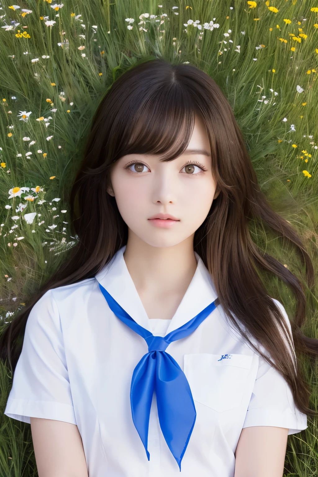 masterpiece, best quality, one girl, (bishojo, cosplayer:1.3), (************:1.2), very fine eye definition, (symmetrical eyes:1.3), (lie down in the meadow, shooting from above:1.3), (school uniform, short sleeve, white shirt, neckerchief:1.2), light makeup, eyelashes, brown eyes, parted bangs, brown hair, (eyes and faces with detailed:1.0)