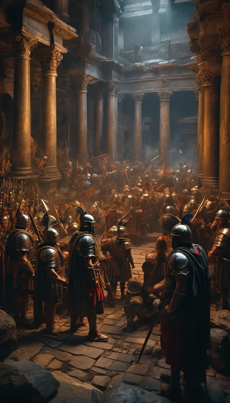 A dramatic illustration inspired by the Roman conquest, featuring the Huns seizing Roman treasures in a dark, atmospheric setting. The Huns, depicted in intricate detail with fierce expressions and elaborate armor, stand triumphantly among glittering Roman artifacts. The scene is painted in a chiaroscuro style, emphasizing the contrast between light and shadow, enhancing the tension and drama of the moment, background dark, hyper realistic, ultra detailed hyper realistic, photorealistic, Studio Lighting, reflections, dynamic pose, Cinematic, Color Grading, Photography, Shot on 50mm lens, Ultra-Wide Angle, Depth of Field, hyper-detailed, beautifully color, 8k