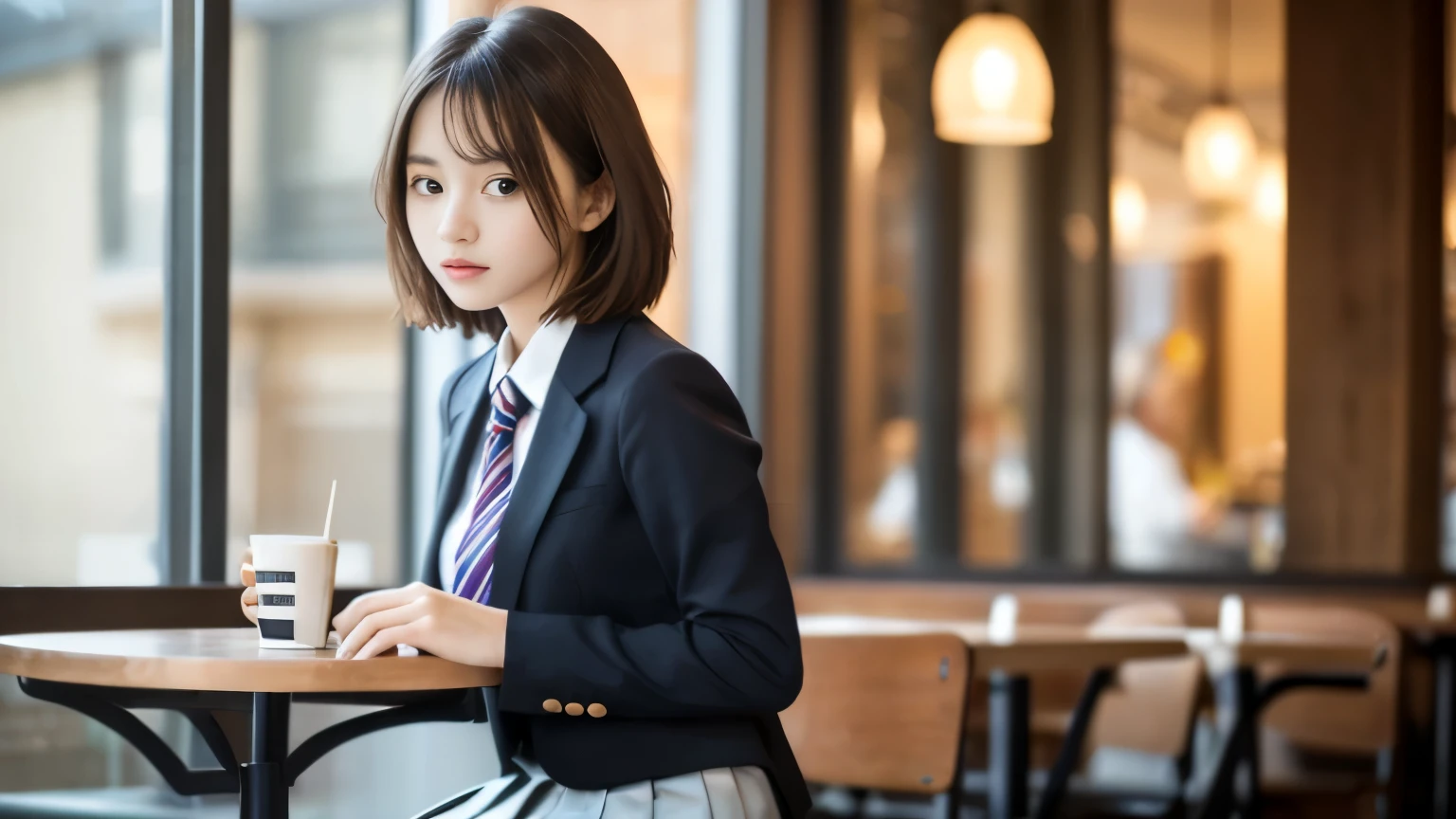 8K, highest quality, real image, intricate details, Super detailed, ultra high resolution, depth field,(realistic,realistic:1.2),table top , front shot , Photographed at a stylish cafe , girl, とても美しい17歳のgirl, innocent big eyes,、highly detailed eyes:1.2)、bangedium short hair, perfect skin, Fair skin, tight waist, light blush, look at the viewer,((School_uniform),(blazer), (white shirt、wear a tie), (gray pleated skirt), (sculpture installation :1.1), urban cafe space, Customers enjoying cafe around