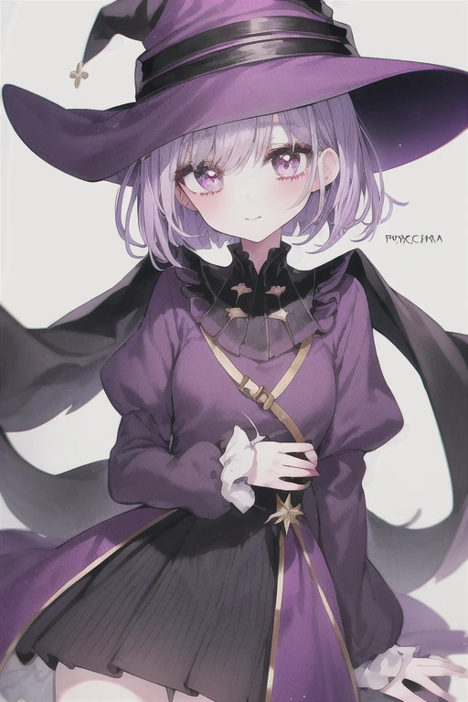 Witch's outfit, Anime-style portrait of a girl with a deep violet bob cut making eye contact with the camera, bright eyes, baby-faced, subtle smile, minimalistic background to emphasize character, high contrast, clean lines, digital painting, vivid colors