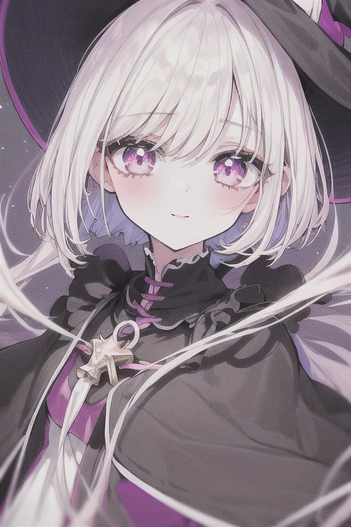 Witch's outfit, Anime-style portrait of a girl with a deep violet bob cut making eye contact with the camera, bright eyes, baby-faced, subtle smile, minimalistic background to emphasize character, high contrast, clean lines, digital painting, vivid colors