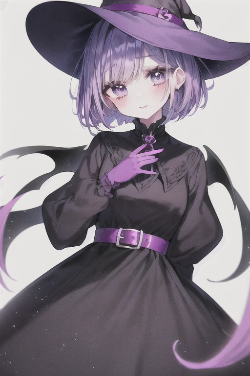 Witch's outfit, Anime-style portrait of a girl with a deep violet bob cut making eye contact with the camera, bright eyes, baby-faced, subtle smile, minimalistic background to emphasize character, high contrast, clean lines, digital painting, vivid colors