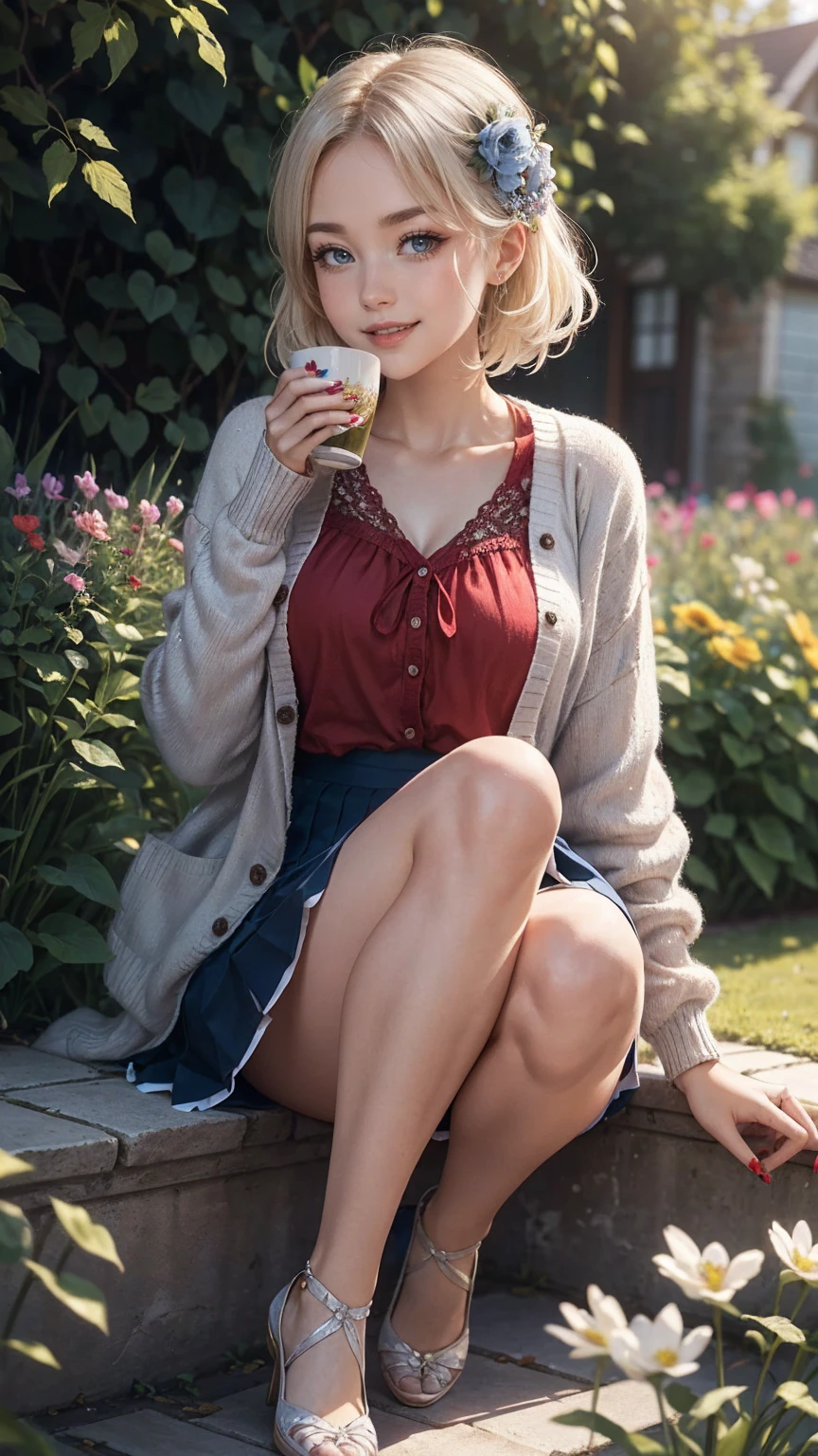((最high quality, 8K, masterpiece: 1.3, Ultra HD, high quality, 最high quality, High resolution, realism)) 、A 22-year-old extremely beautiful white woman、Her hair color is platinum blonde、blue eyeedium hair、straight hair、The hair is shiny、The skin is lustrous、smile、Slender but well-proportioned muscular body、Athlete-like body type、I don't want my head to disappear from the screen.、Wearing accessories on your wrist、Wearing red nail polish、I have a peticure、British suburban buildings、There is an English garden、Many flowers bloom、The blue sky is beautiful、summer sunshine、Wearing a blouse、put on a cardigan、Long length covers the ankles、Wear a pleated skirt、Drinking tea in a cup and saucer in the garden、anatomically correct、((anatomically correct))、Ultra high definition((UHD))、textured skin((textured skin))、very detailed((super detail))、high detail((high details))、smile showing teeth((grin))、hair flower((hair flower))