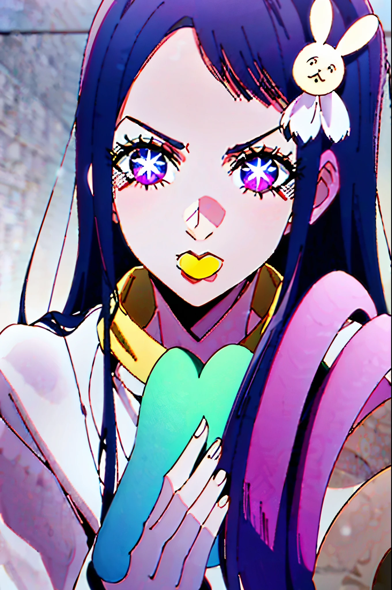 fullbody stoneocean Hoshino Ai, long hair, purple hair, streaked hair ,purple eyes, star-shaped pupils, hair ornament,