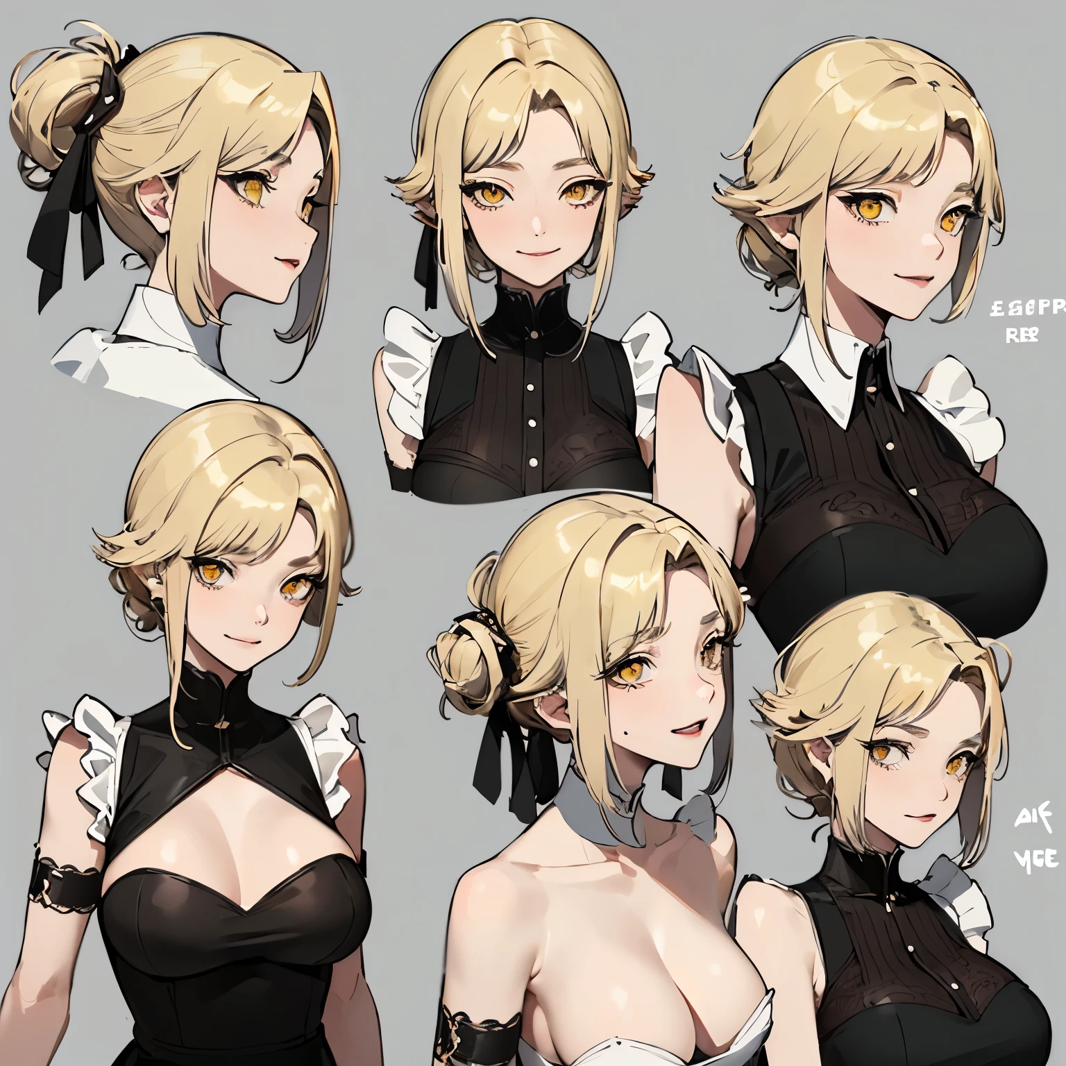 (masterpiece, 8K, highest quality, very detailed, 1 mature woman), (Consistent personality, same character), (blonde hair, yellow eyes), (very detailed顔と肌の質感, fine eyes), evil smile, big breasts, alone, (maid), white background, bare shoulders, enchanting smile, (multiple views, multiple angles), Side view, Front view, look up, look down, Rear view, 20-degree head view
