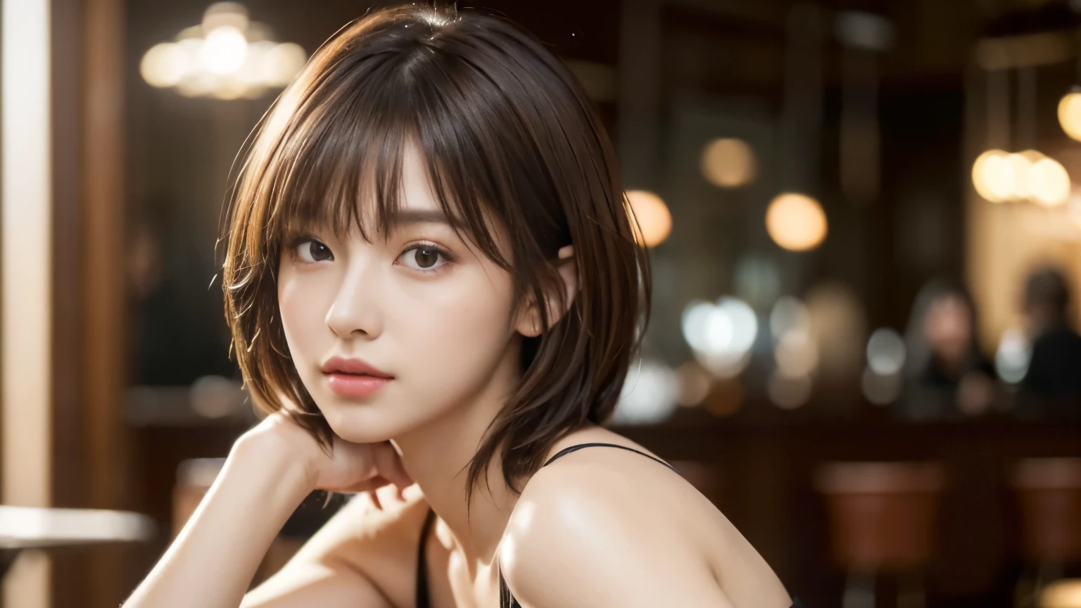 (masterpiece, super detailed, very detailed, exquisite, 16k, disorganized), woman, 19 years old, glamorous, (Suppin breeze:1.4), looking at the viewer, short hair, messy hair, diagonal bangs, brown hair, brown eyes, Upper body, cinematic lighting, Blurry background in focus, Inside a stylish cafe, Urban Cafe