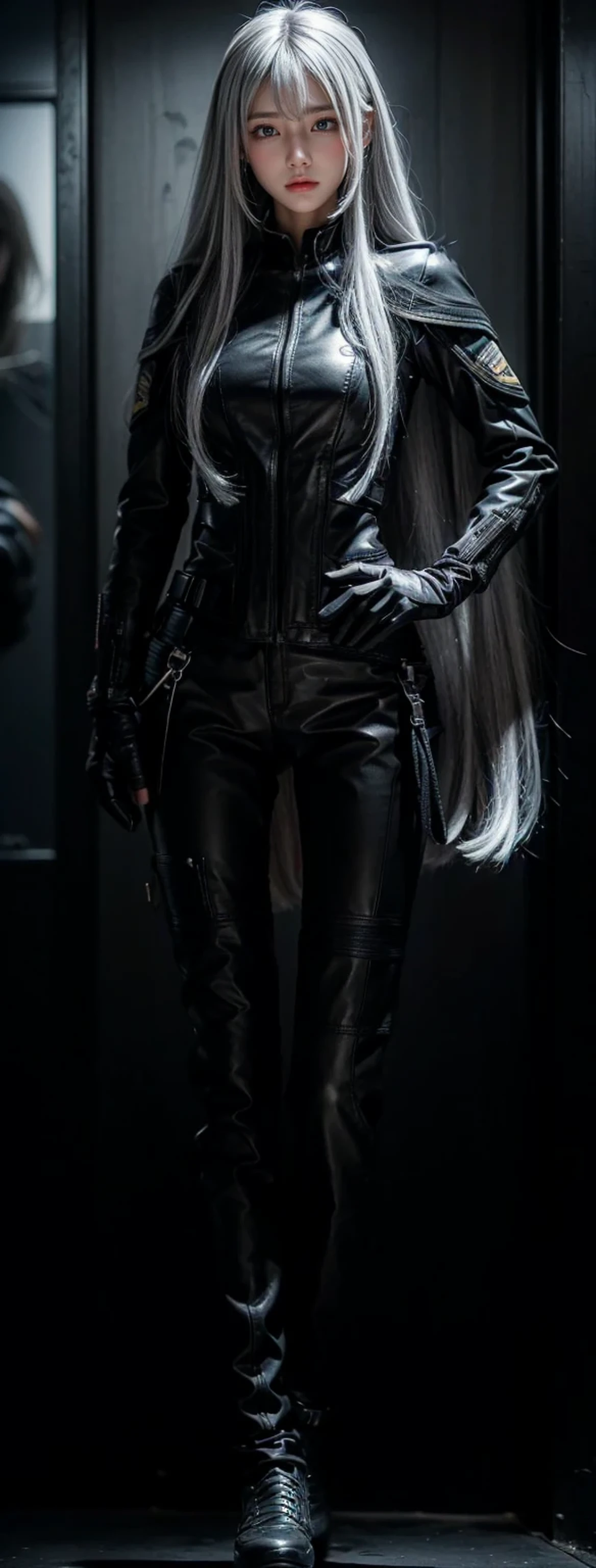 waist length hair,shiny hair,4 fingers,sharp gaze,{{{{{White eyes}}}}},{{{{{White eyes}}}}},{long hair},{{straight hair}},black gloves,black clothes,black military suit,{military},{{{{{dull bangs}}}}},Hard hair,(slanted eyes},{{whole body},{{{1 girl}}}, {{{{silver hair}}}},{{{tsurime}}},36 years old,white people,silver eyes,thin,{{{masterpiece}}}, {{{highest quality}}}, {{Super detailed}}, {shape}, {{very delicate and beautiful}},very detailed,Detailed completeness,Detailed Hyper,military clothes,{{bangs}}