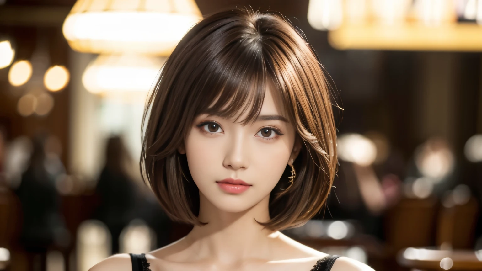 (masterpiece, super detailed, very detailed, exquisite, 16k, disorganized), woman, 19 years old, glamorous, (Suppin breeze:1.4), looking at the viewer, short hair, messy hair, diagonal bangs, brown hair, brown eyes, Upper body, cinematic lighting, Blurry background in focus, Inside a stylish cafe, Urban Cafe