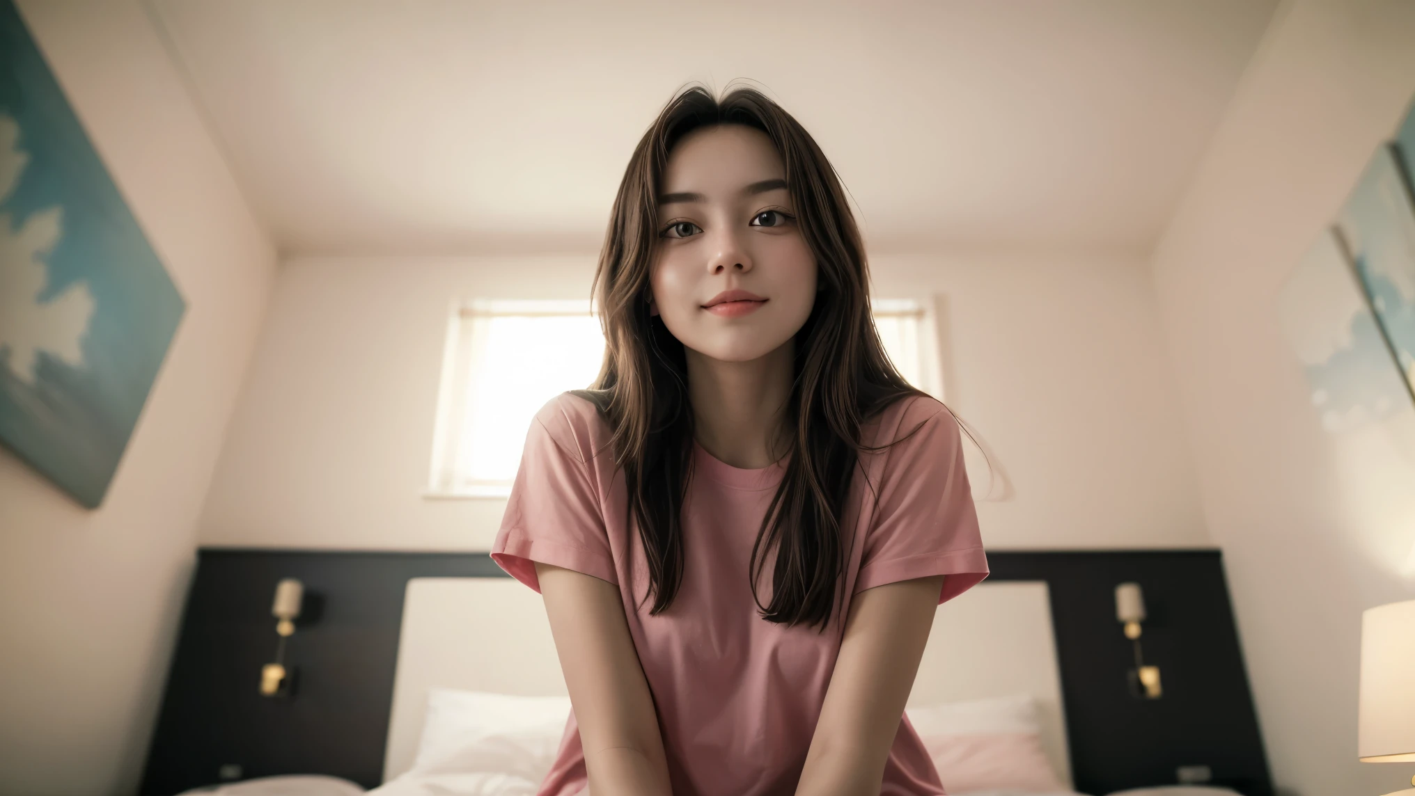 (Masterpiece, Best Quality: 1.4), Girl, Solo, Beautiful Face, 8K, Absurd, Above the Knees, Long Hair, Pink Shirt, Beautiful Long Legs, Looking at Camera, Big Breasts, Light Makeup, Chromatic Aberration, Sharp Focus, Bright and Refined , (smile : 0.5) ) ), room, interior, gentle light [:detail face:10]