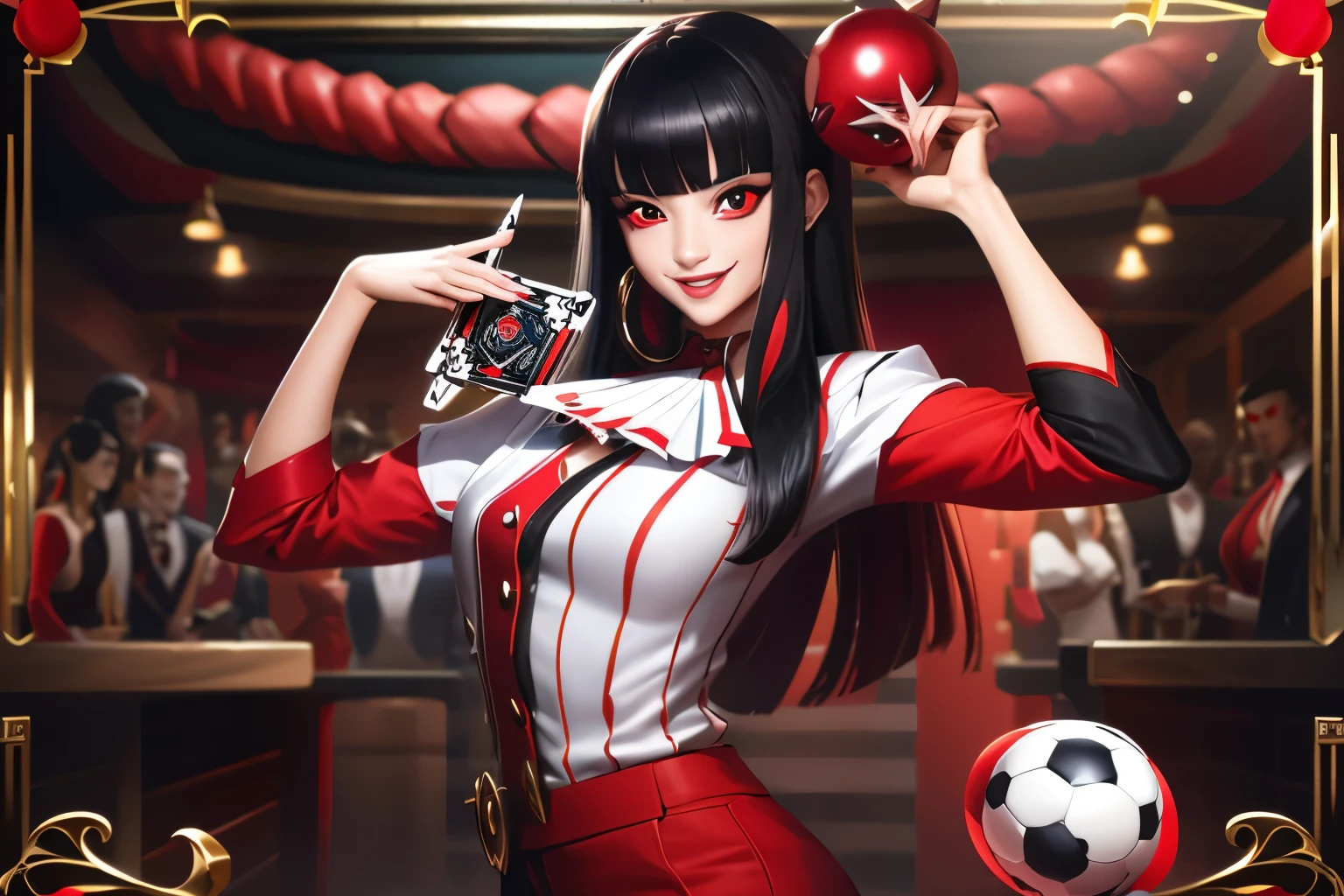 clown,white shirt,(red black magic:1.2), League of Legends สแปลชอาร์ต, woman,Bangs,black pants,Red eyes,Long black hair with bangs,(madness:1.2),card,mask,Bar Background,Omie,smile,front view,magician,dice,Spades,Poteng,club,cross python,joker,joy,luxurious,shoot