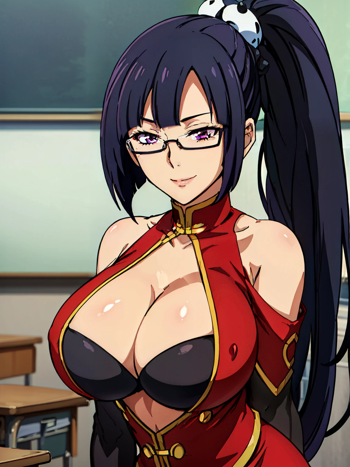 Red dress, chinese clothes, cleavage cutout, clothing cutout, bare shoulders, classroom background, Litchi Faye-Ling, anime cels style, best quality, high resolution, 1girl, (huge breasts:1.2), beautiful face, semi-rimless eyewear, black hair, very long hair, ponytail,Bangs,purple eyes, cowboy shot, smiling